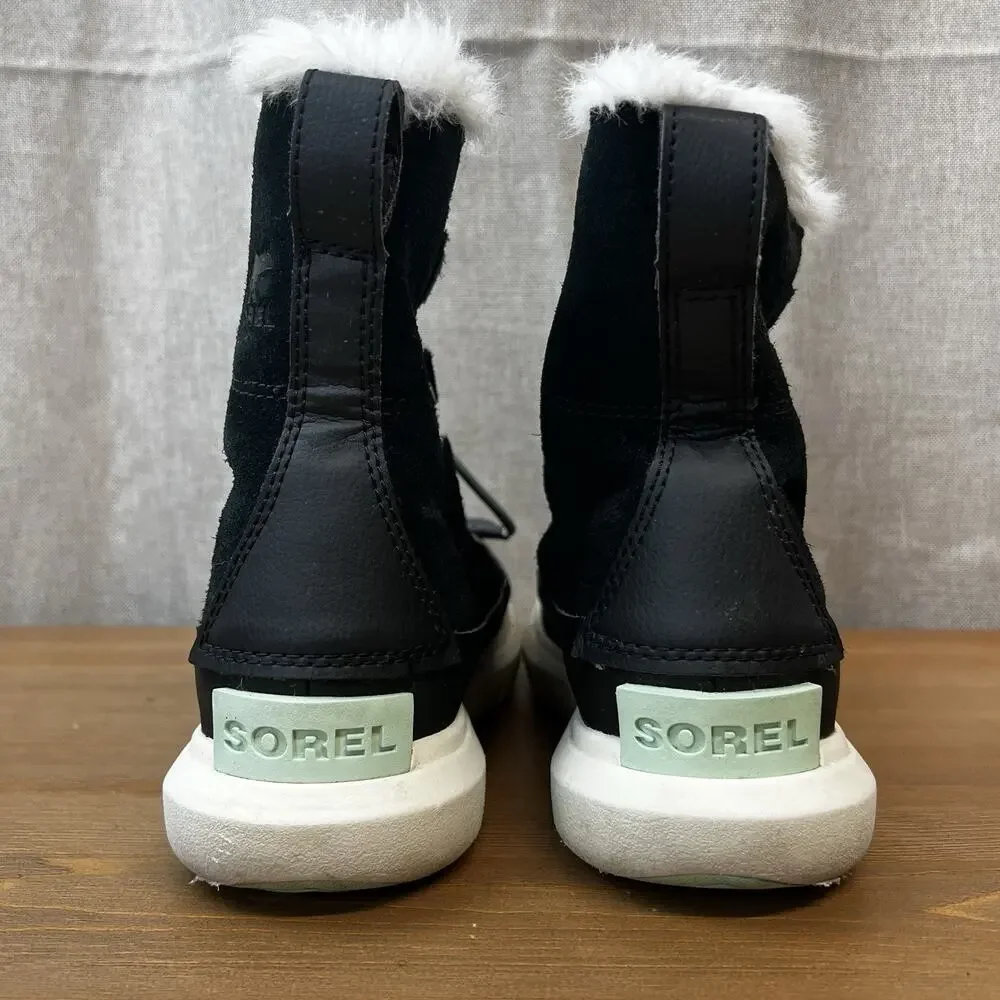 SOREL Explorer II Joan Boots Suede Faux Fur Sz 2 Waterproof Lace Up Shoes Black
